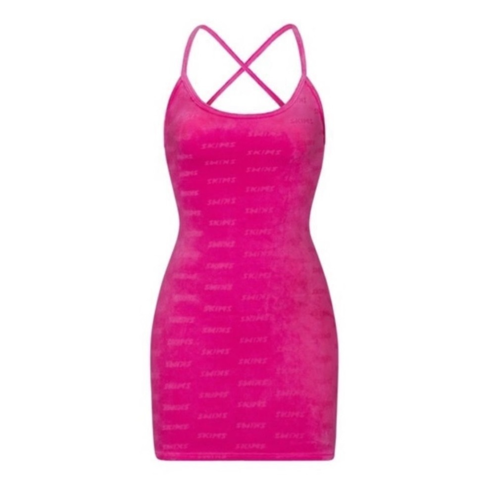 NTW SKIMS LOGO VELOUR SLIP DRESS Hot Pink S Barbie ALL THE WAY!! 💖